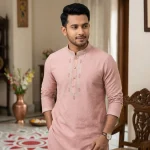 প্রিমিয়াম ডাস্টি পিংক টেক্সচার্ড এমব্রয়ডারি পাঞ্জাবী - Image 4