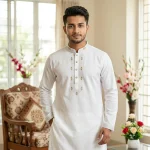 সাদা রঙের প্রিমিয়াম এমব্রয়ডারি টেক্সচার্ড পাঞ্জাবী - Image 3